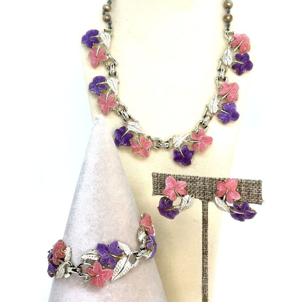 Vintage 1950s Full Parure Pink Purple Flower Set Necklace Bracelet Earrings READ